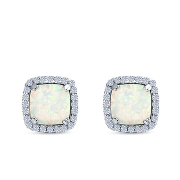 Halo Cushion Lab Created White Opal Round CZ Stud Earrings 925 Sterling Silver (11mm)